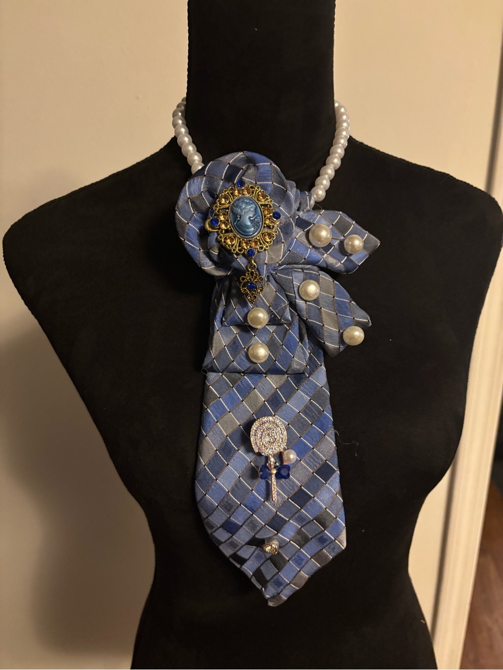 Blue Plaid Pearl Statement Necklace with Cameo Accent